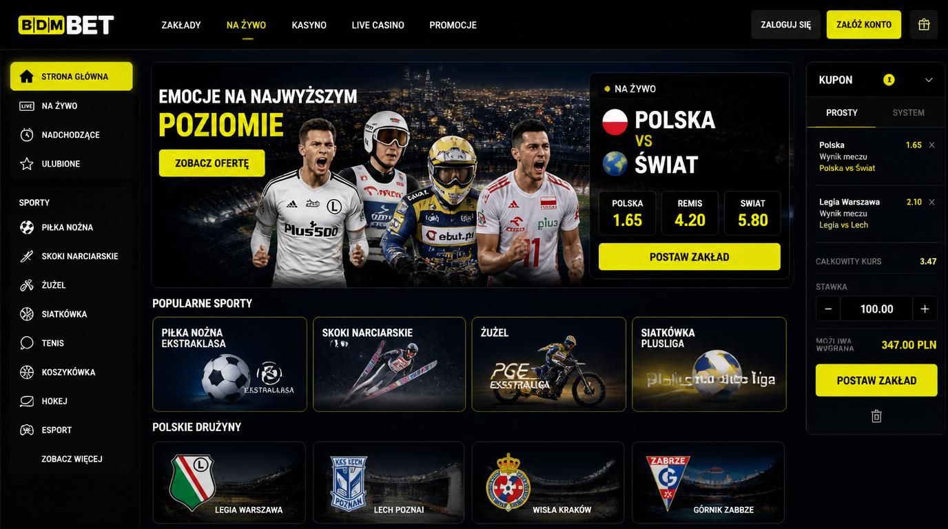 Stadion nocą z piłkarzami, flagą Polski i kursami na ekranie