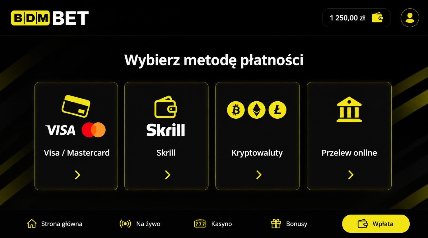 Interfejs kasyna pokazujący różne metody wpłaty dla graczy z Polski