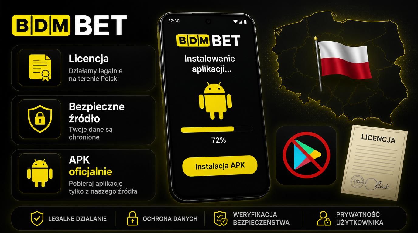 Używający telefon Android instaluje APK z oficjalnej strony, symbol licencji i flagi Polski