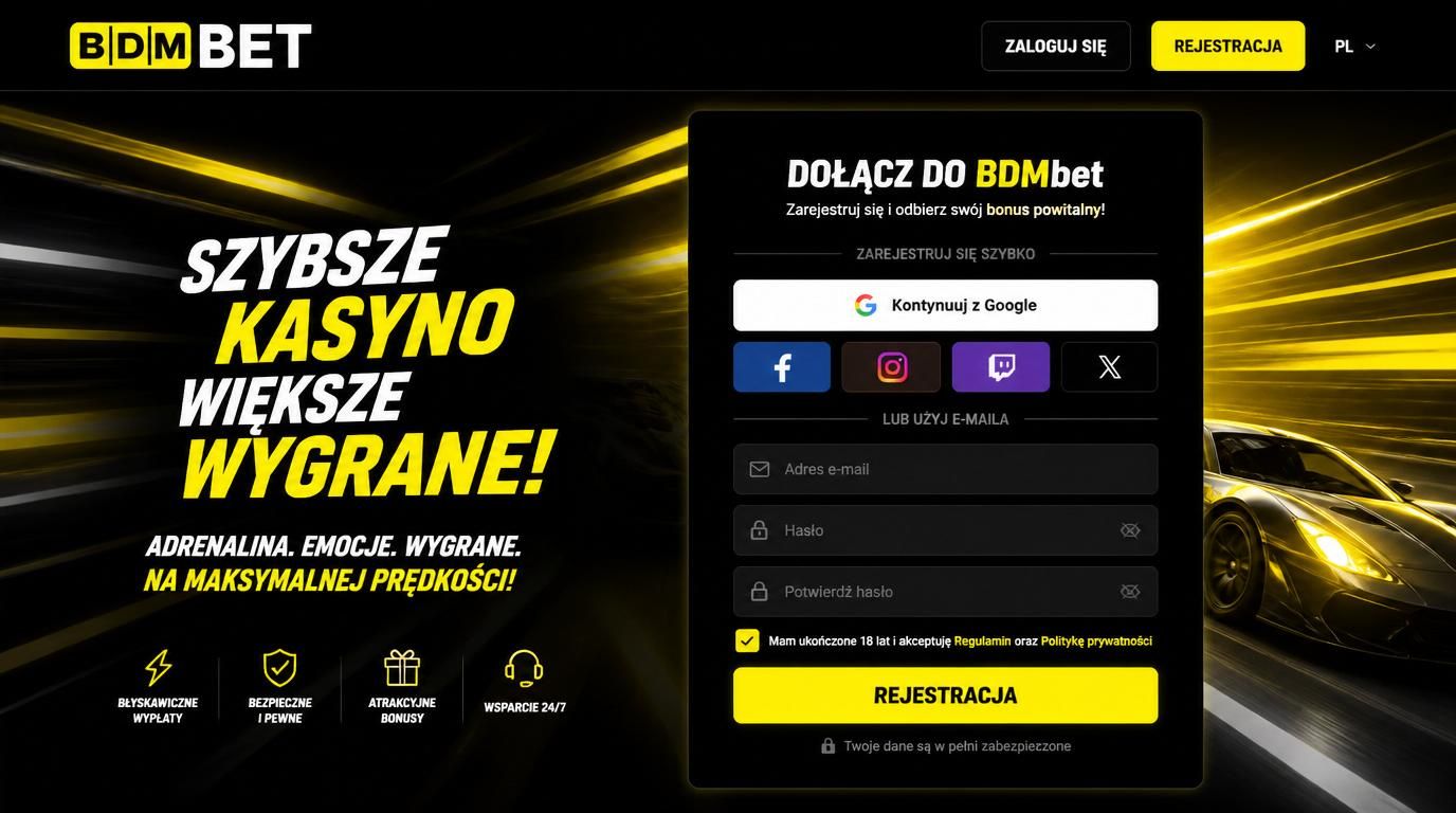 Interfejs rejestracji BDMbet z opcjami Google i e-mail