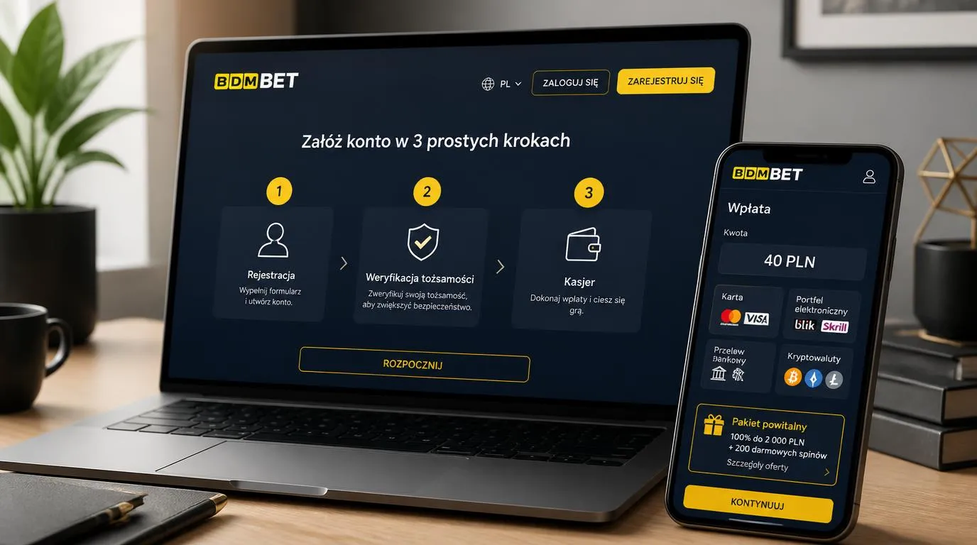 Ekran rejestracji i kasy kasyna z etapem weryfikacji tożsamości oraz wpłatą 40 PLN