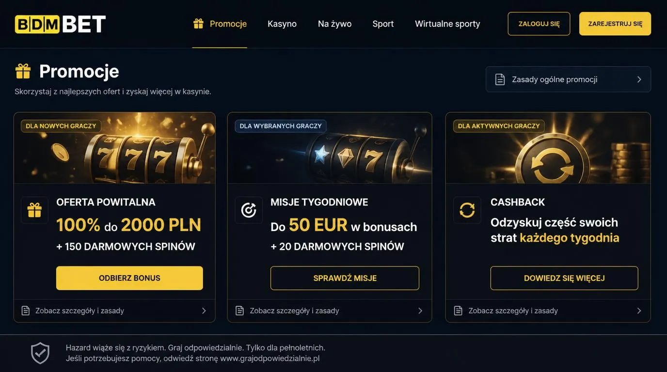 Panel promocji kasyna z ofertą powitalną, misjami tygodniowymi i cashbackiem