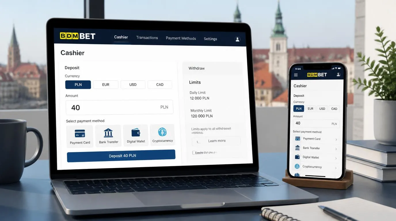 Ekran kasy z wyborem PLN, EUR, USD i CAD oraz metodami płatności dla graczy z Polski