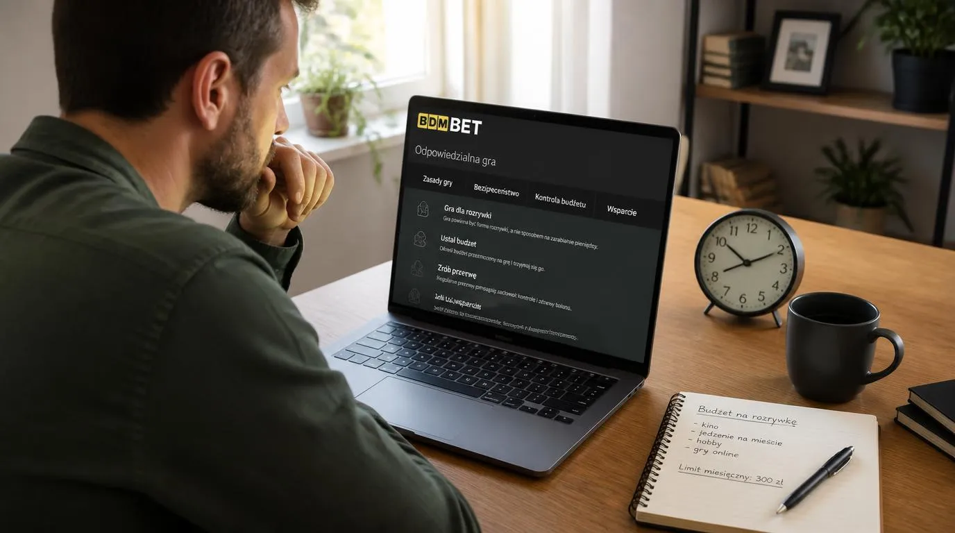 Gracz przegląda warunki gry na laptopie, obok leżą zegar i notes z planowanym budżetem