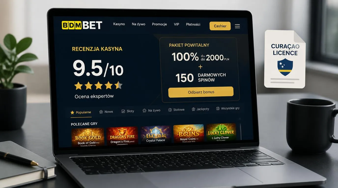 Ekran kasyna online z oceną, ofertą powitalną i widocznym przyciskiem przejścia do kasy